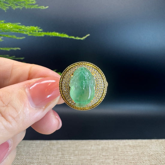 RealJade® "Signature Signet" 18K Yellow Gold Icy Green Jadeite Jade Diamonds PiXiu Ring