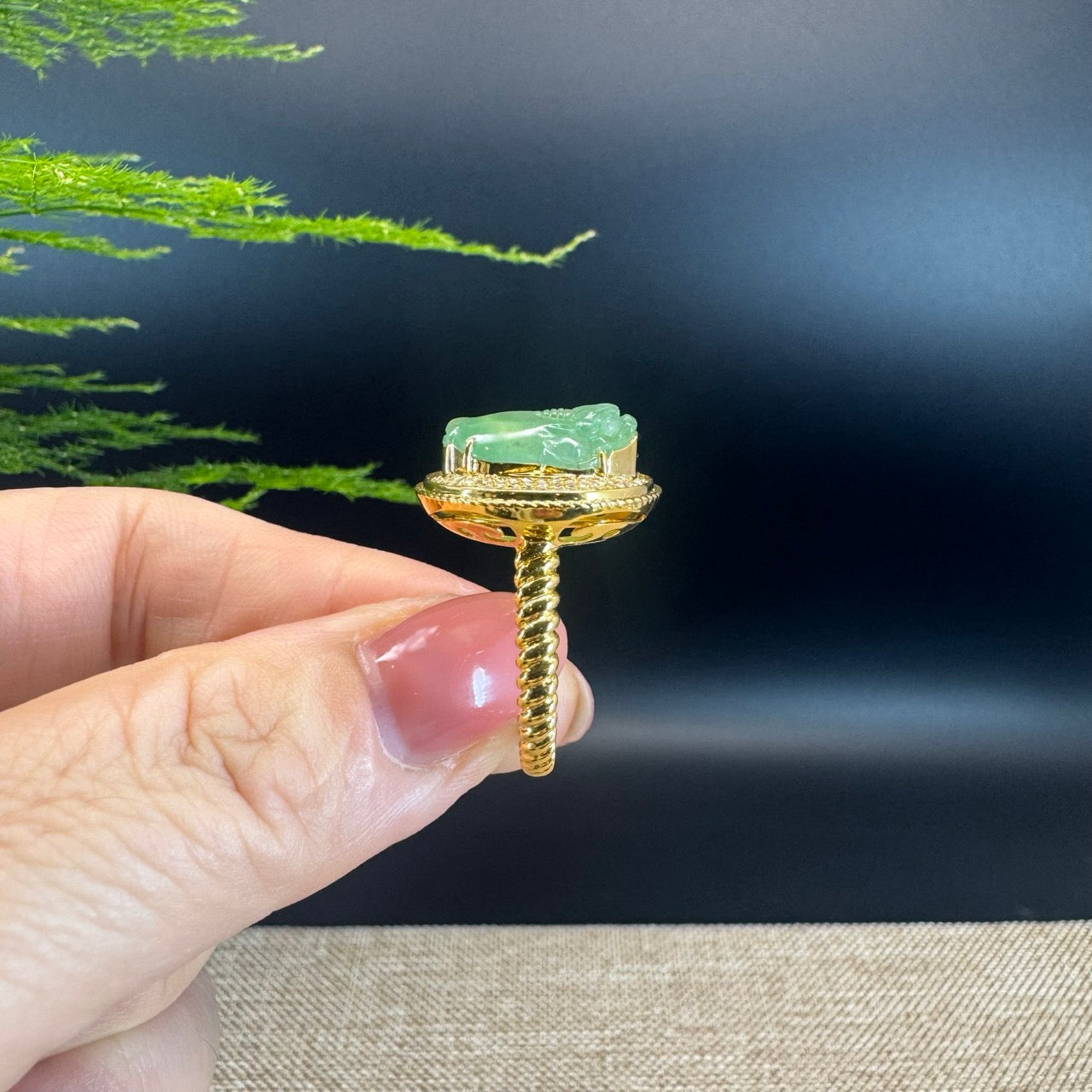 RealJade® "Signature Signet" 18K Yellow Gold Icy Green Jadeite Jade Diamonds PiXiu Ring