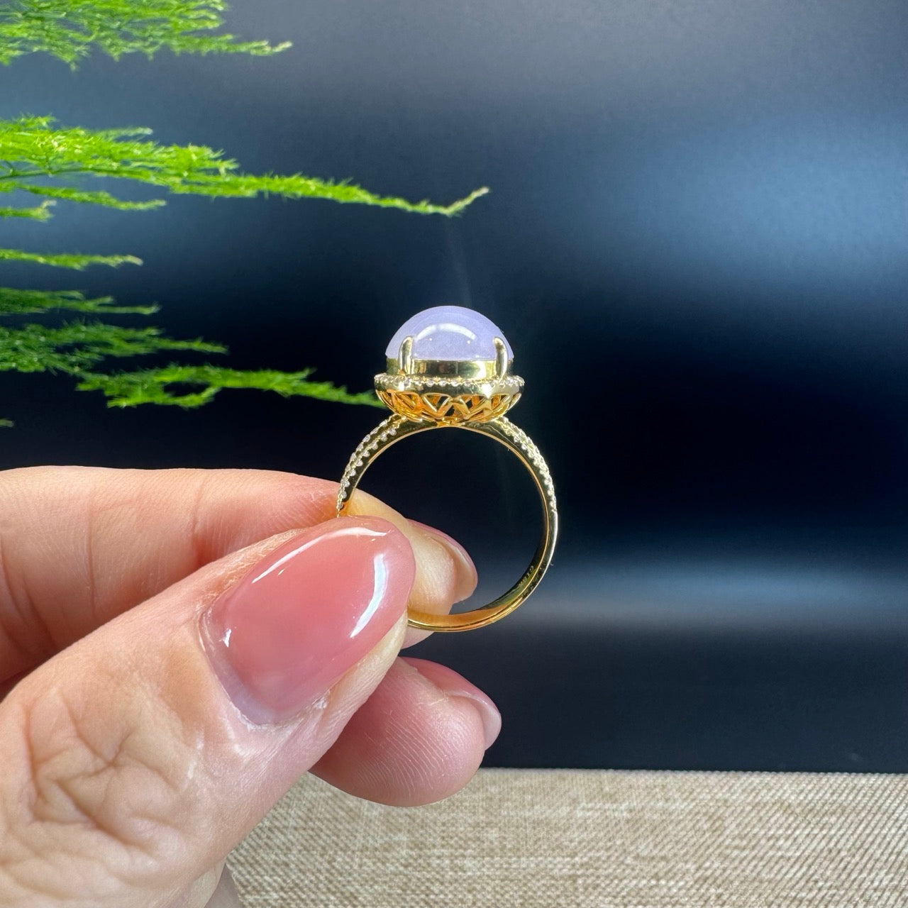 18k Yellow Gold Natural Rich Lavender Oval Jadeite Jade Engagement Ring With Diamonds