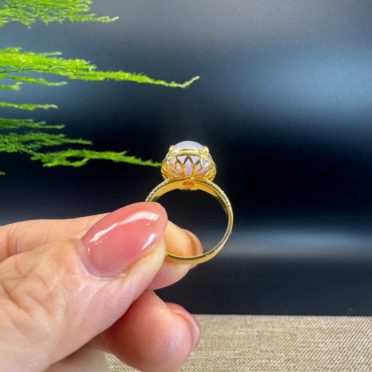 18k Yellow Gold Natural Rich Lavender Oval Jadeite Jade Engagement Ring With Diamonds