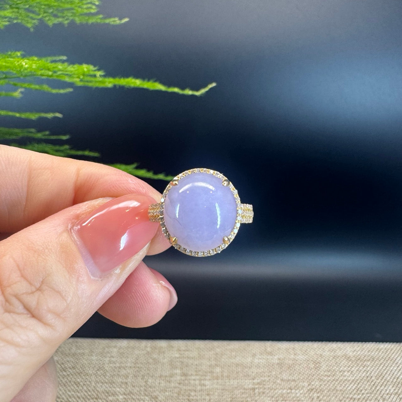 18k Yellow Gold Natural Rich Lavender Oval Jadeite Jade Engagement Ring With Diamonds