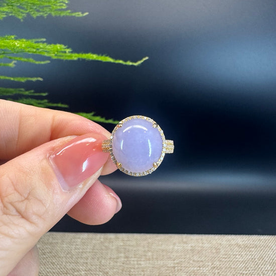 18k Yellow Gold Natural Rich Lavender Oval Jadeite Jade Engagement Ring With Diamonds