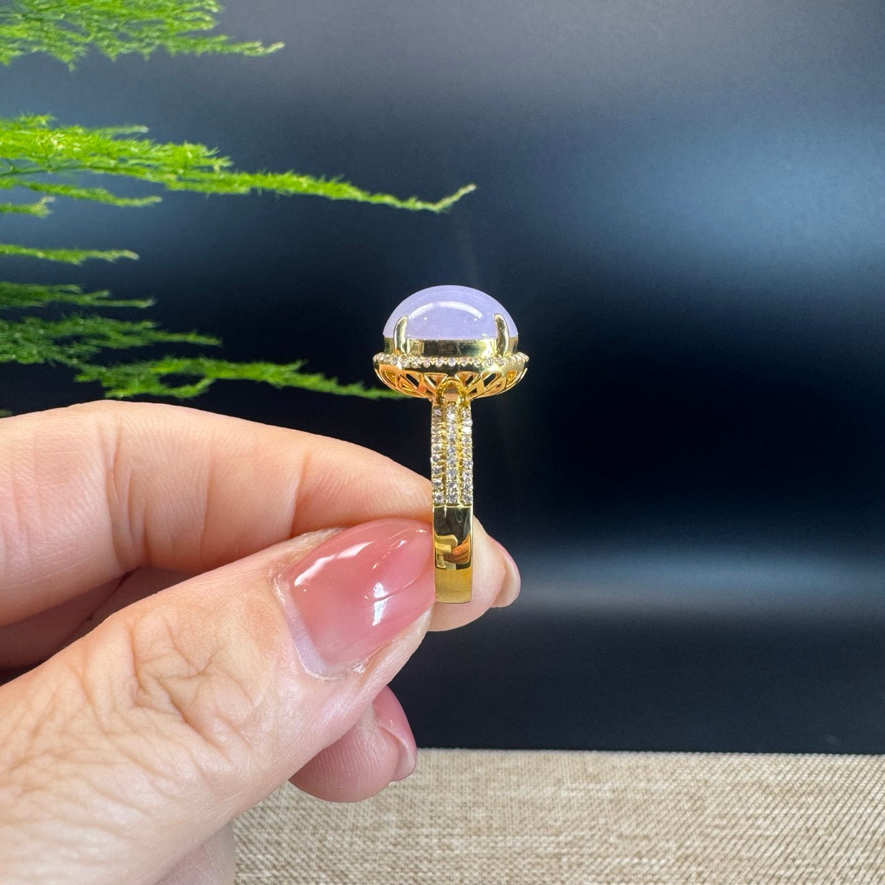 18k Yellow Gold Natural Rich Lavender Oval Jadeite Jade Engagement Ring With Diamonds