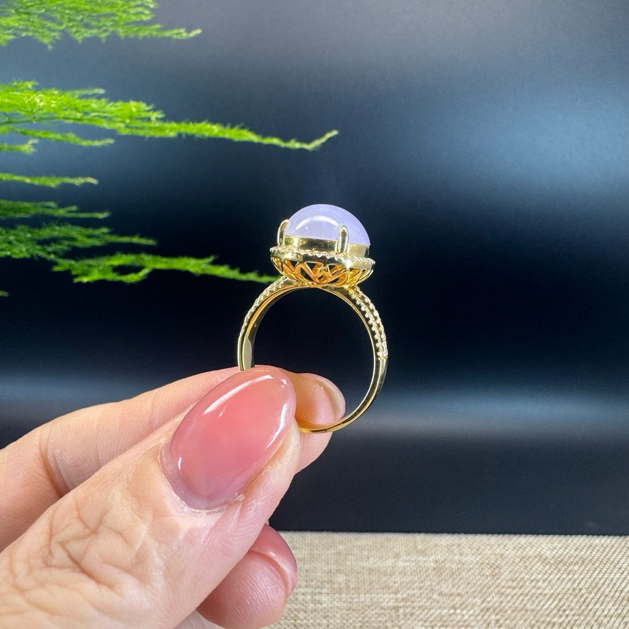 18k Yellow Gold Natural Rich Lavender Oval Jadeite Jade Engagement Ring With Diamonds