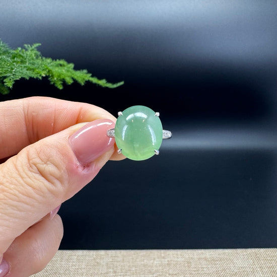 RealJade® Co. 18k White Gold Natural Icy Green Oval Jadeite Jade Engagement Ring With Diamonds