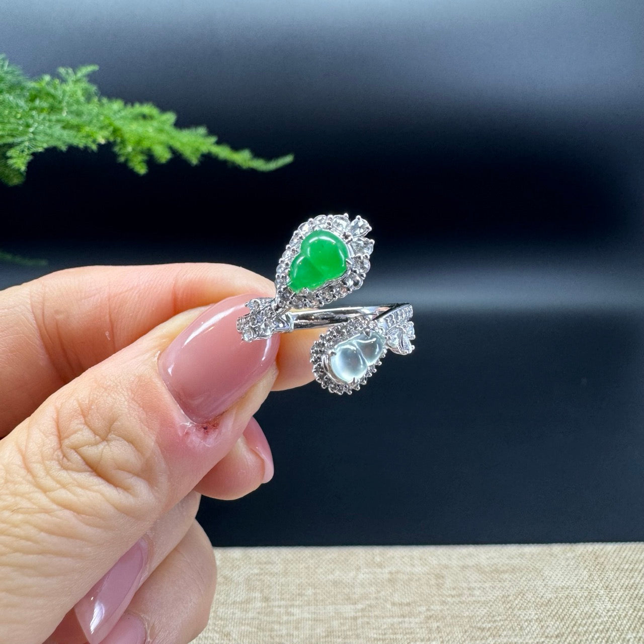 RealJade® "Amelie" 18k White Gold Natural Icy&Green Jadeite Hulu Ring With Diamonds