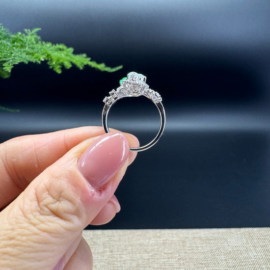 RealJade® "Amelie" 18k White Gold Natural Icy&Green Jadeite Hulu Ring With Diamonds
