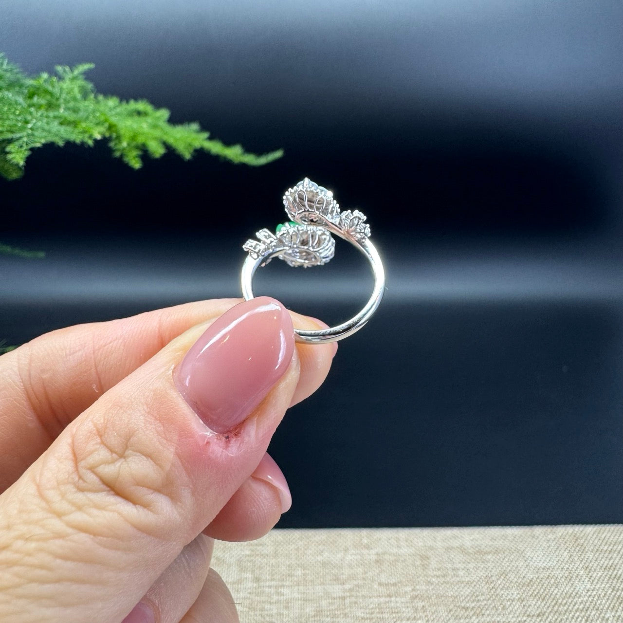 RealJade® "Amelie" 18k White Gold Natural Icy&Green Jadeite Hulu Ring With Diamonds