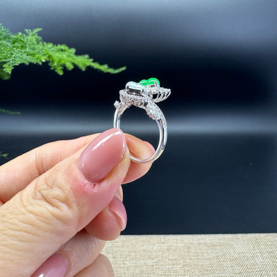 RealJade® "Amelie" 18k White Gold Natural Icy&Green Jadeite Hulu Ring With Diamonds