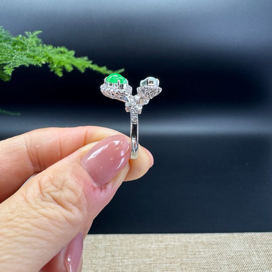 RealJade® "Amelie" 18k White Gold Natural Icy&Green Jadeite Hulu Ring With Diamonds