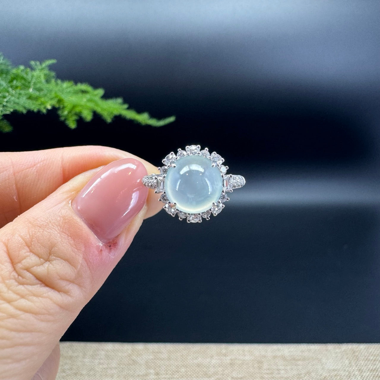 RealJade® "Amelie" 18k White Gold Natural Ice Jadeite Engagement Ring With Diamonds