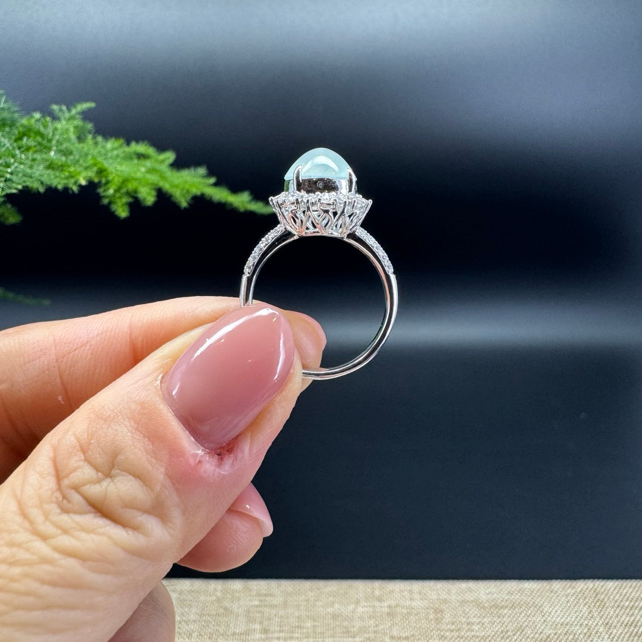 RealJade® "Amelie" 18k White Gold Natural Ice Jadeite Engagement Ring With Diamonds