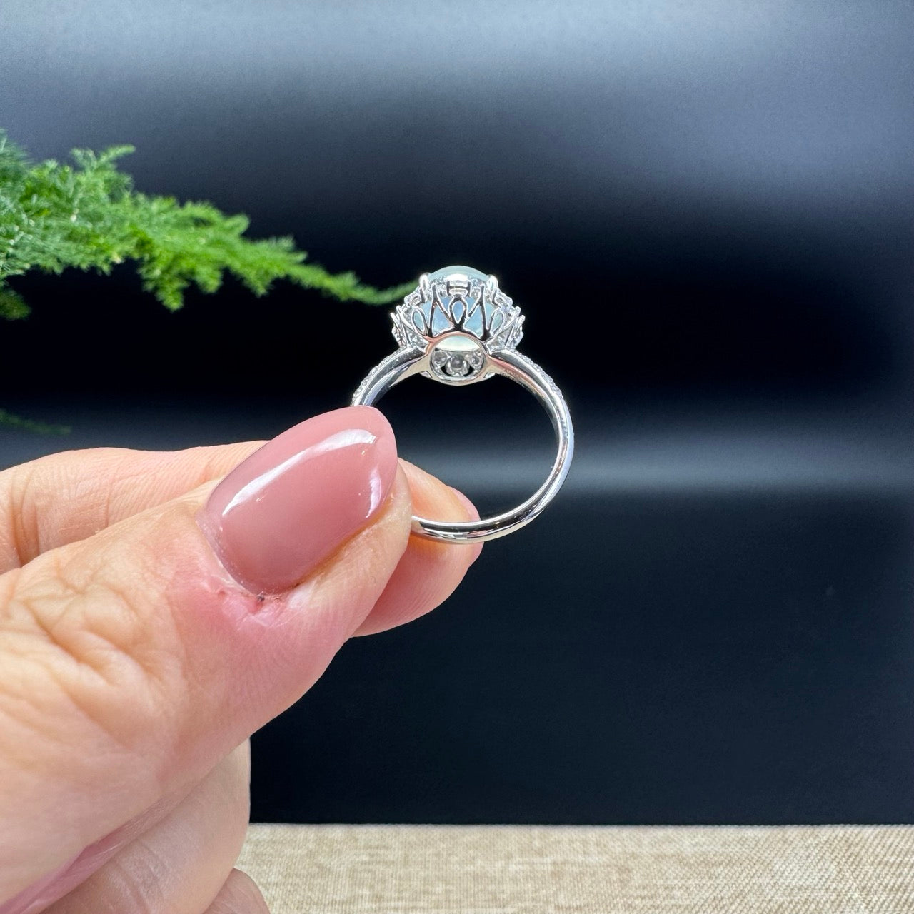 RealJade® "Amelie" 18k White Gold Natural Ice Jadeite Engagement Ring With Diamonds