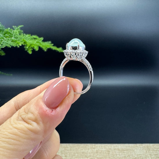 RealJade® "Amelie" 18k White Gold Natural Ice Jadeite Engagement Ring With Diamonds