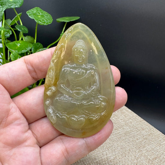 High end  "Goddess of Compassion" Genuine Honey Yellow Burmese Jadeite Jade Guanyin Necklace