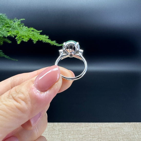 RealJade® Co. 18k White Gold Natural Imperial Green Oval Jadeite Jade Engagement Ring With Diamonds