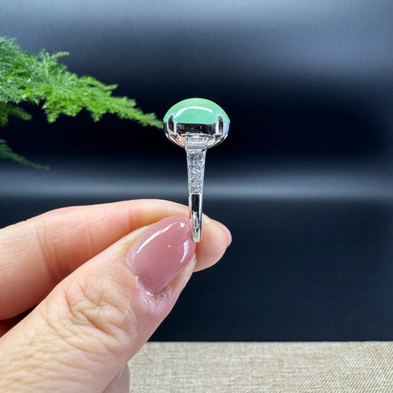 RealJade® Co. 18k White Gold Natural Imperial Green Oval Jadeite Jade Engagement Ring With Diamonds