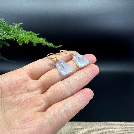 18k Yellow Gold Genuine Lavender Jadeite Jade Earrings With Diamonds