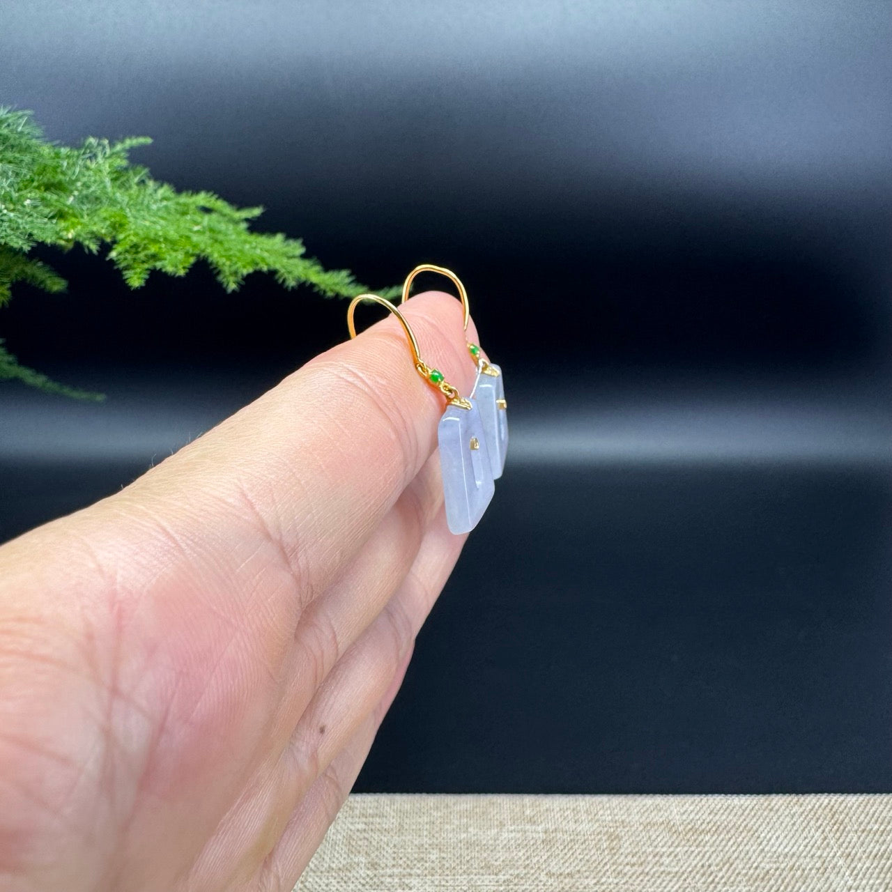 18k Yellow Gold Genuine Lavender Jadeite Jade Earrings With Diamonds