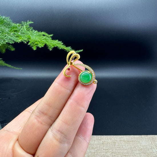 RealJade® 18k Yellow Gold Genuine Imperial Green Jade Rabbit Pendant & Brooch with Diamonds