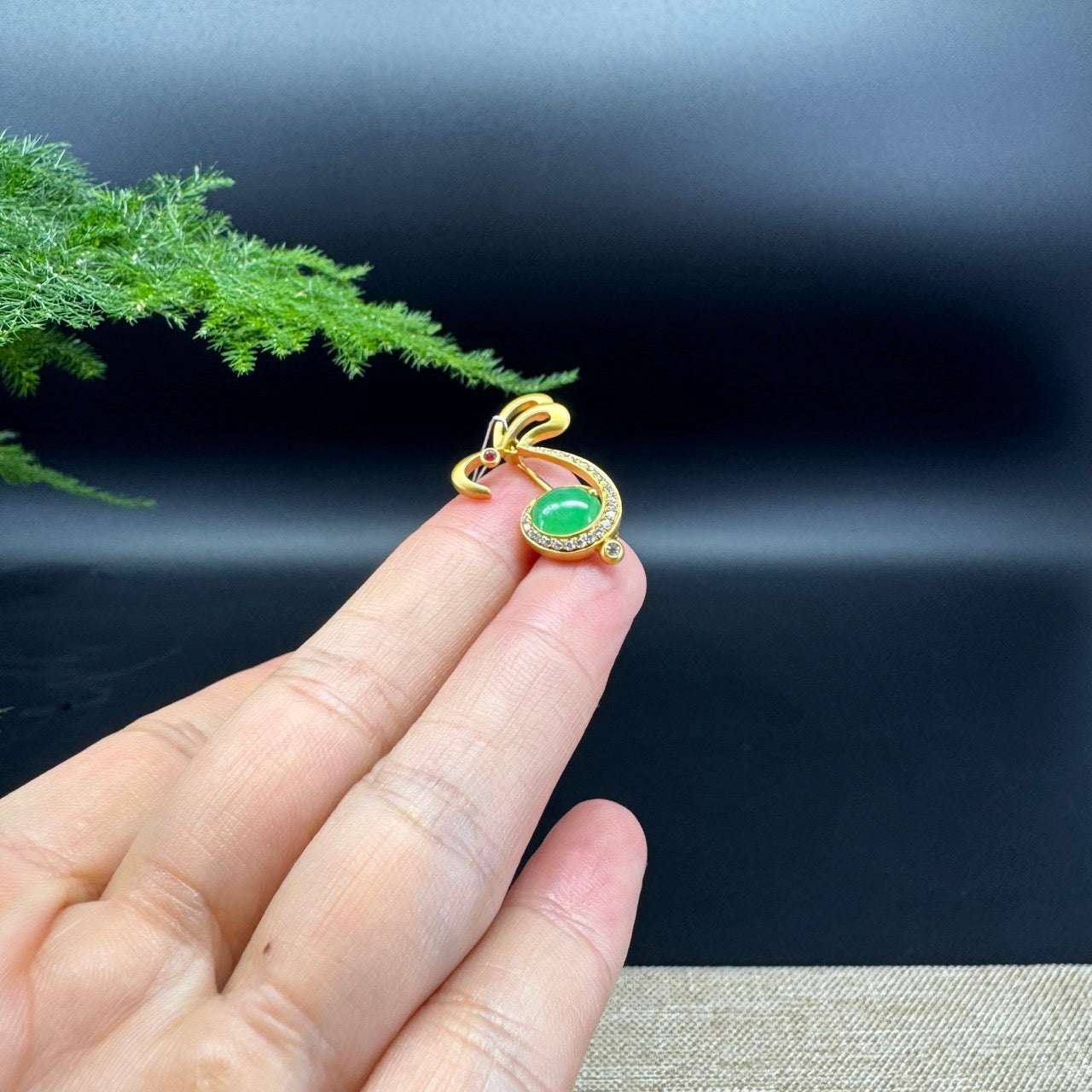 RealJade® 18k Yellow Gold Genuine Imperial Green Jade Rabbit Pendant & Brooch with Diamonds