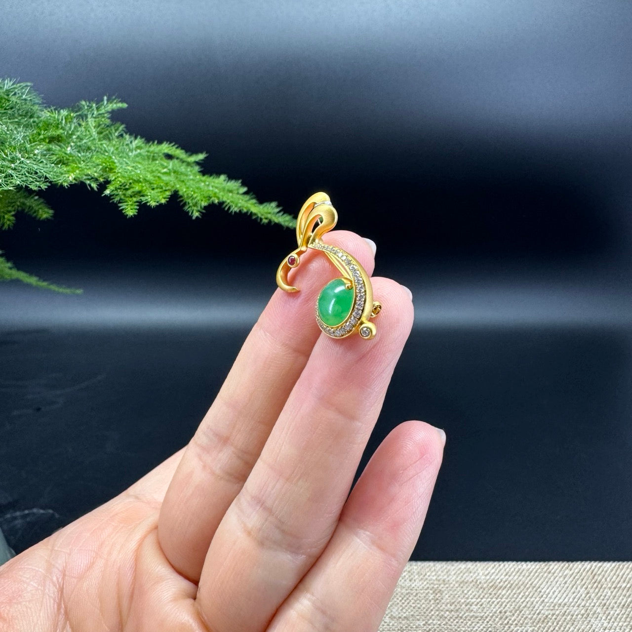 RealJade® 18k Yellow Gold Genuine Imperial Green Jade Rabbit Pendant & Brooch with Diamonds