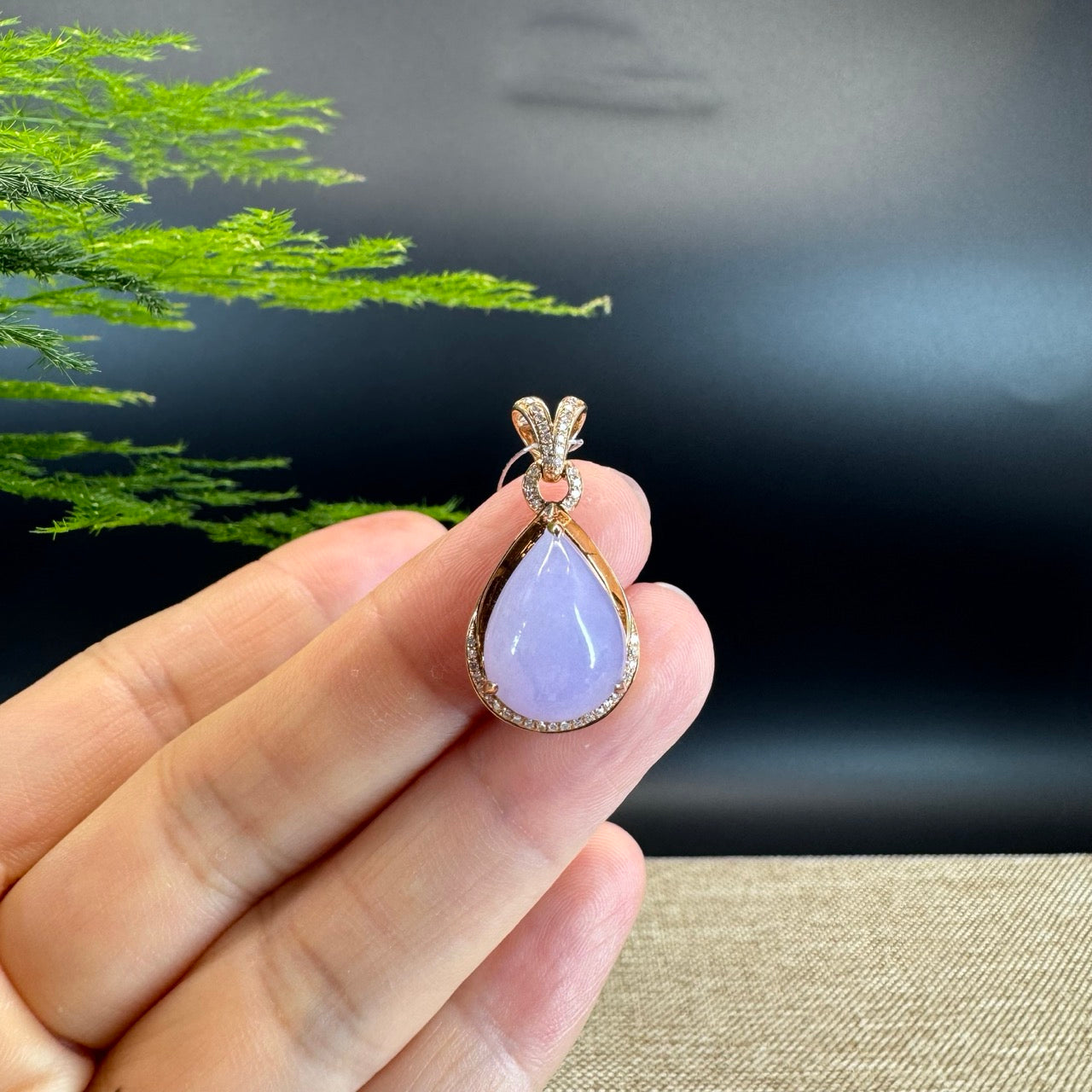 RealJade® "Tear Drop" 18k Rose Gold Lavender Jadeite jade Diamond Pendant Necklace