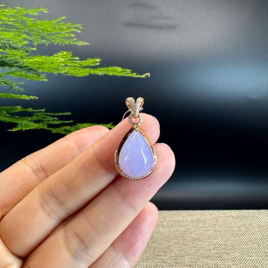 RealJade® "Tear Drop" 18k Rose Gold Lavender Jadeite jade Diamond Pendant Necklace