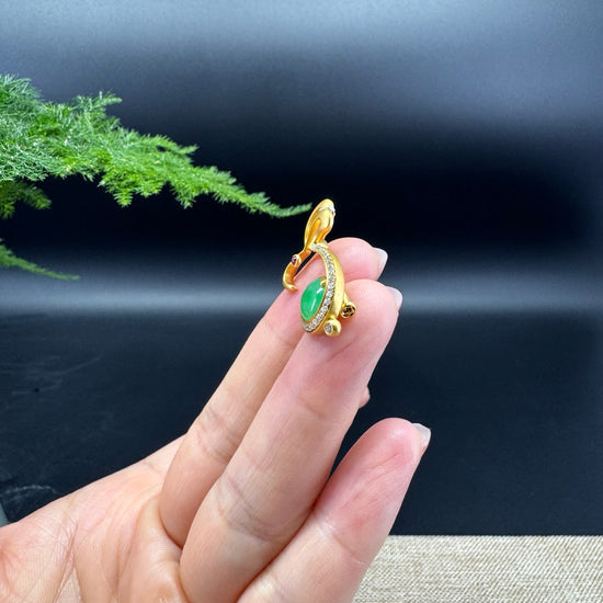 RealJade® 18k Yellow Gold Genuine Imperial Green Jade Rabbit Pendant & Brooch with Diamonds