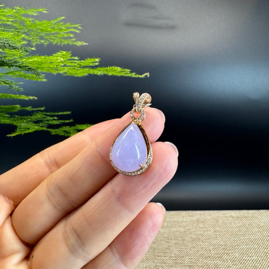 RealJade® "Tear Drop" 18k Rose Gold Lavender Jadeite jade Diamond Pendant Necklace