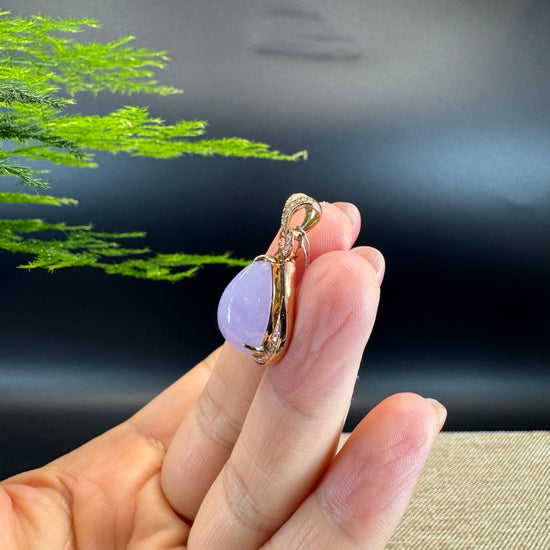 RealJade® "Tear Drop" 18k Rose Gold Lavender Jadeite jade Diamond Pendant Necklace
