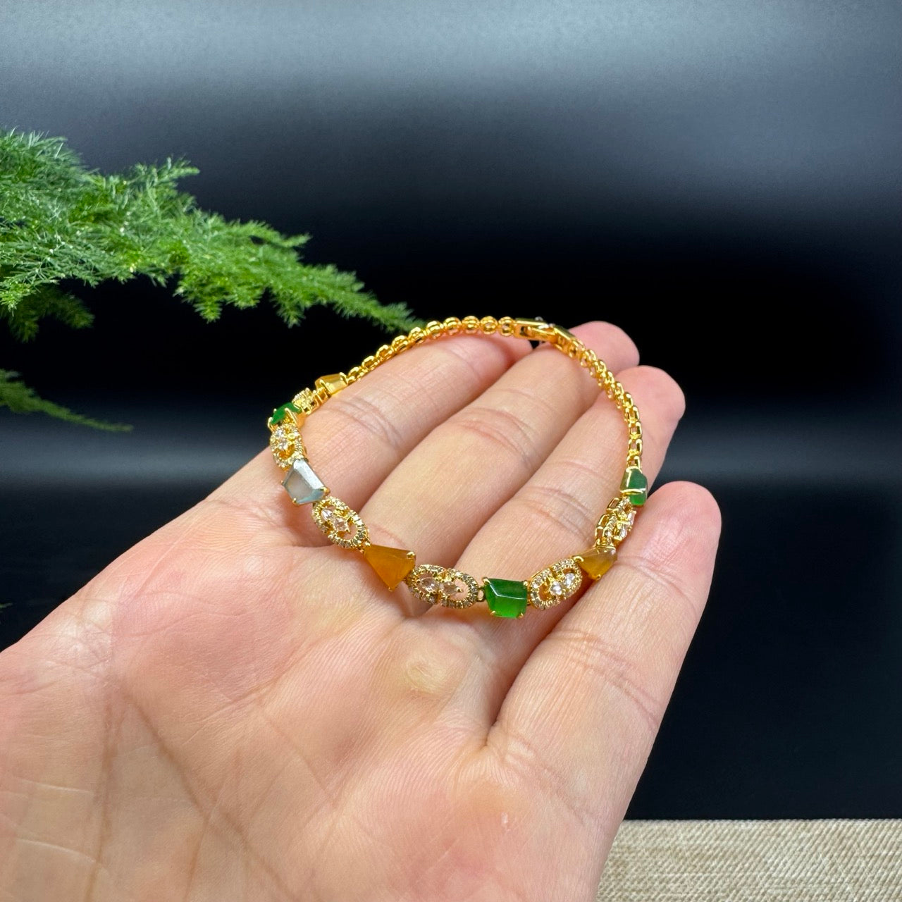 18K Yellow Gold Multi-color Jadeite Jade Bracelet With Diamonds