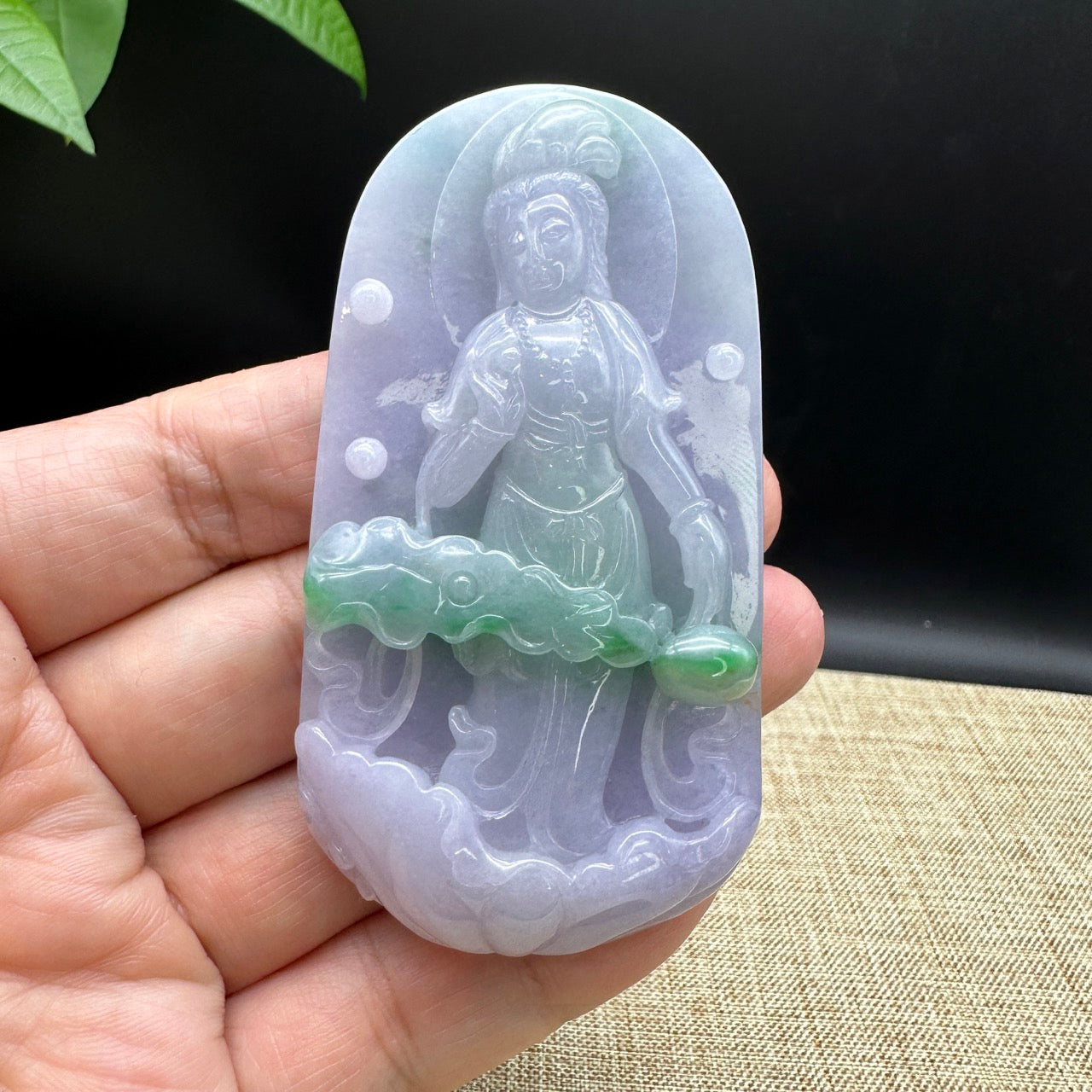 "Goddess of Compassion" Genuine Burmese Jadeite Jade Guanyin Necklace With Good Luck Design