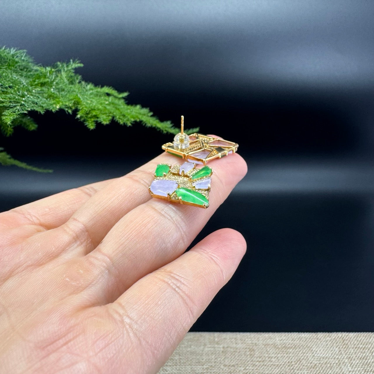 RealJade® 18k Yellow Gold High-end Real Multi-Color Jade Rhombus Earrings With Diamonds