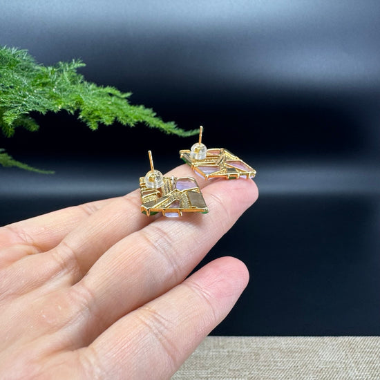 RealJade® 18k Yellow Gold High-end Real Multi-Color Jade Rhombus Earrings With Diamonds