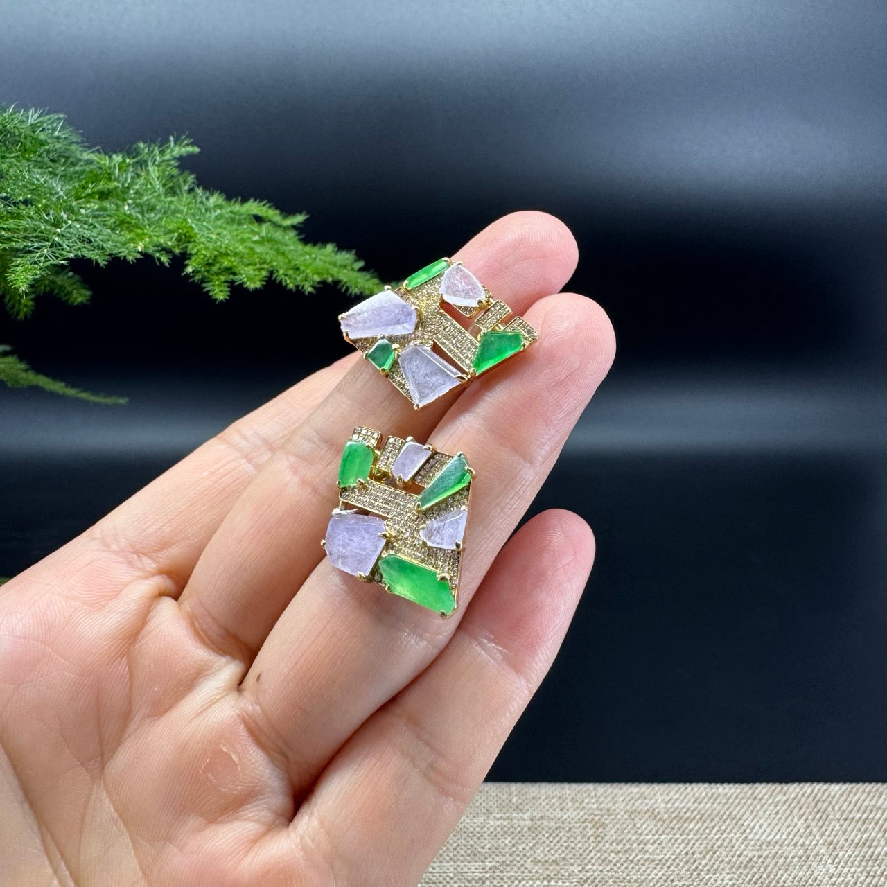 RealJade® 18k Yellow Gold High-end Real Multi-Color Jade Rhombus Earrings With Diamonds
