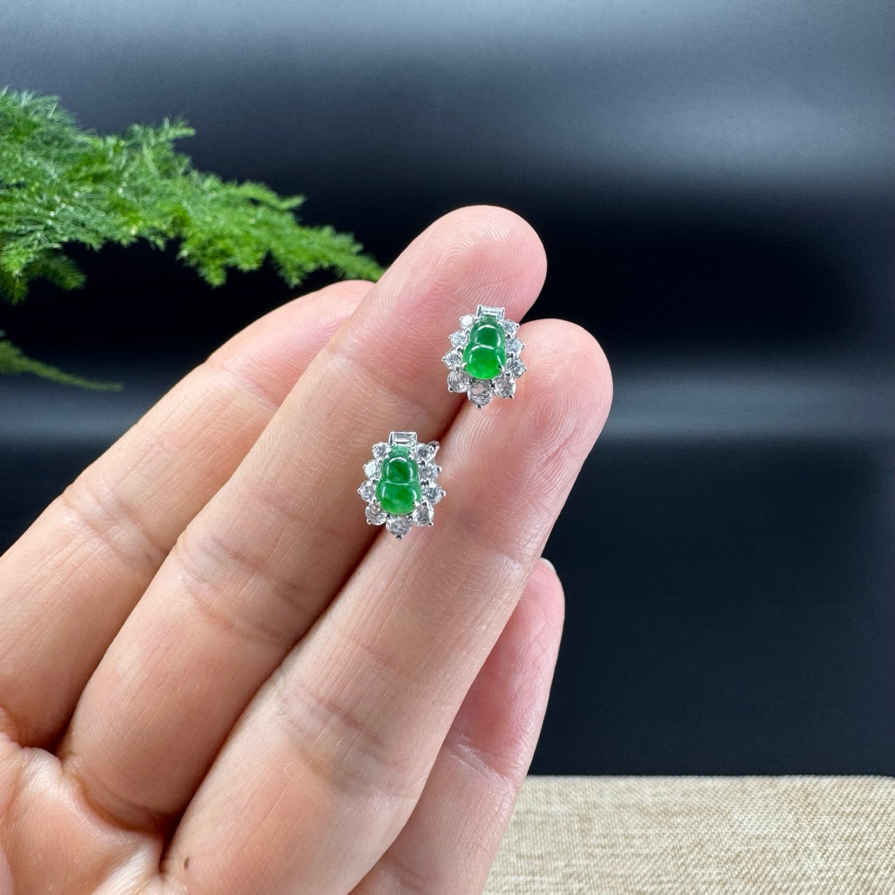 RealJade® 18k White Gold Classic Imperial Green Jade Hulu With Diamonds Earrings