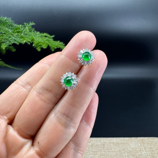 RealJade® 18k White Gold Classic Imperial Green Jade 'Sunflower' Earrings with Diamonds