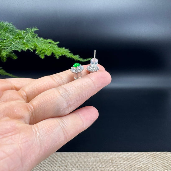 RealJade® 18k White Gold Classic Imperial Green Jade 'Sunflower' Earrings with Diamonds