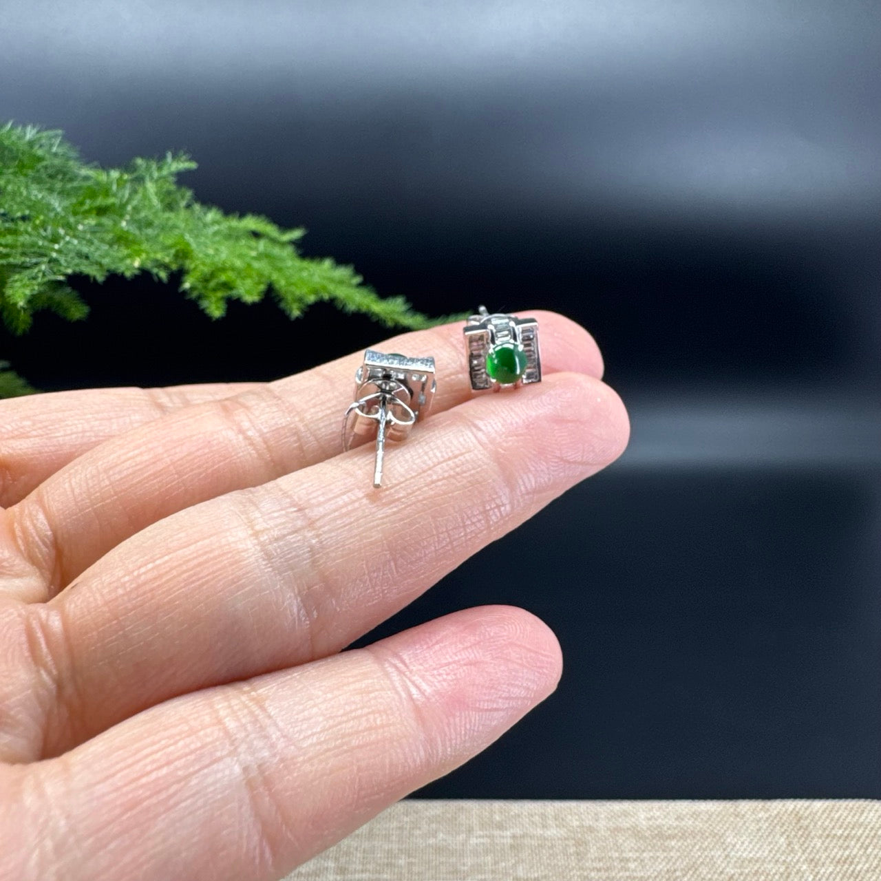 RealJade® 18k White Gold Imperial Green Jade Square Stud Earrings