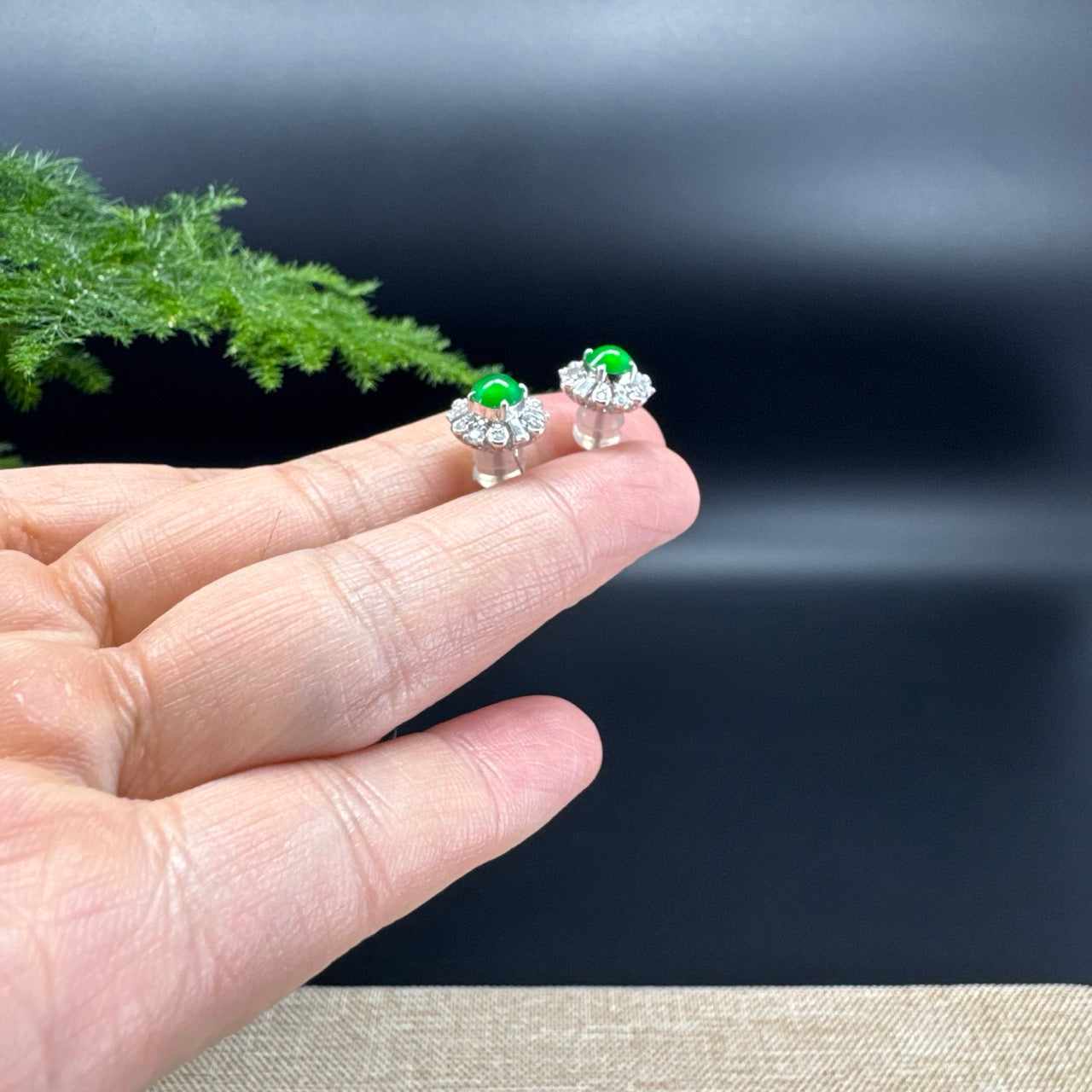 RealJade® 18k White Gold Imperial Green Jadeite Jade 'Daisy' Earrings with Diamonds