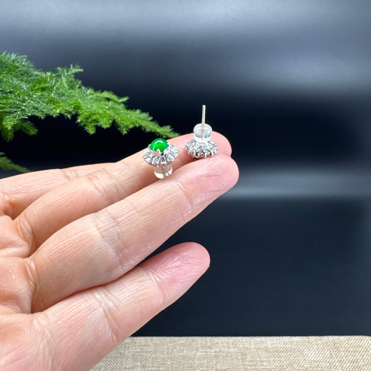 RealJade® 18k White Gold Imperial Green Jadeite Jade 'Daisy' Earrings with Diamonds