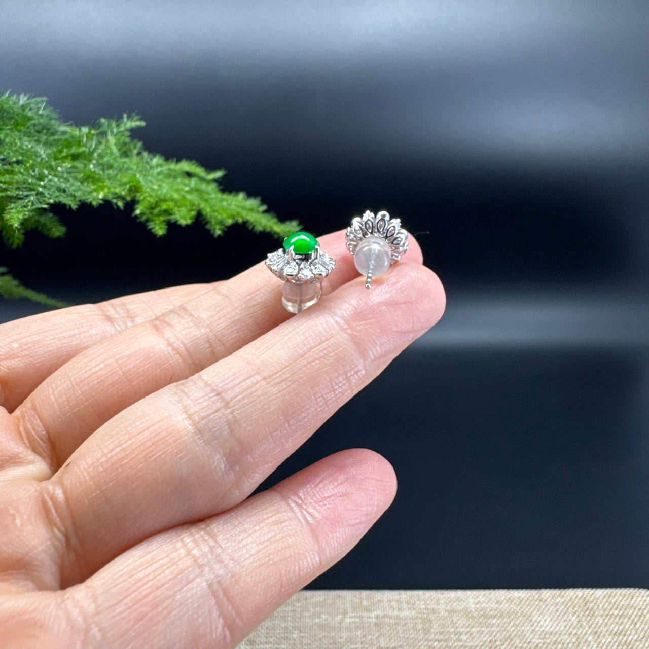 RealJade® 18k White Gold Imperial Green Jadeite Jade 'Daisy' Earrings with Diamonds