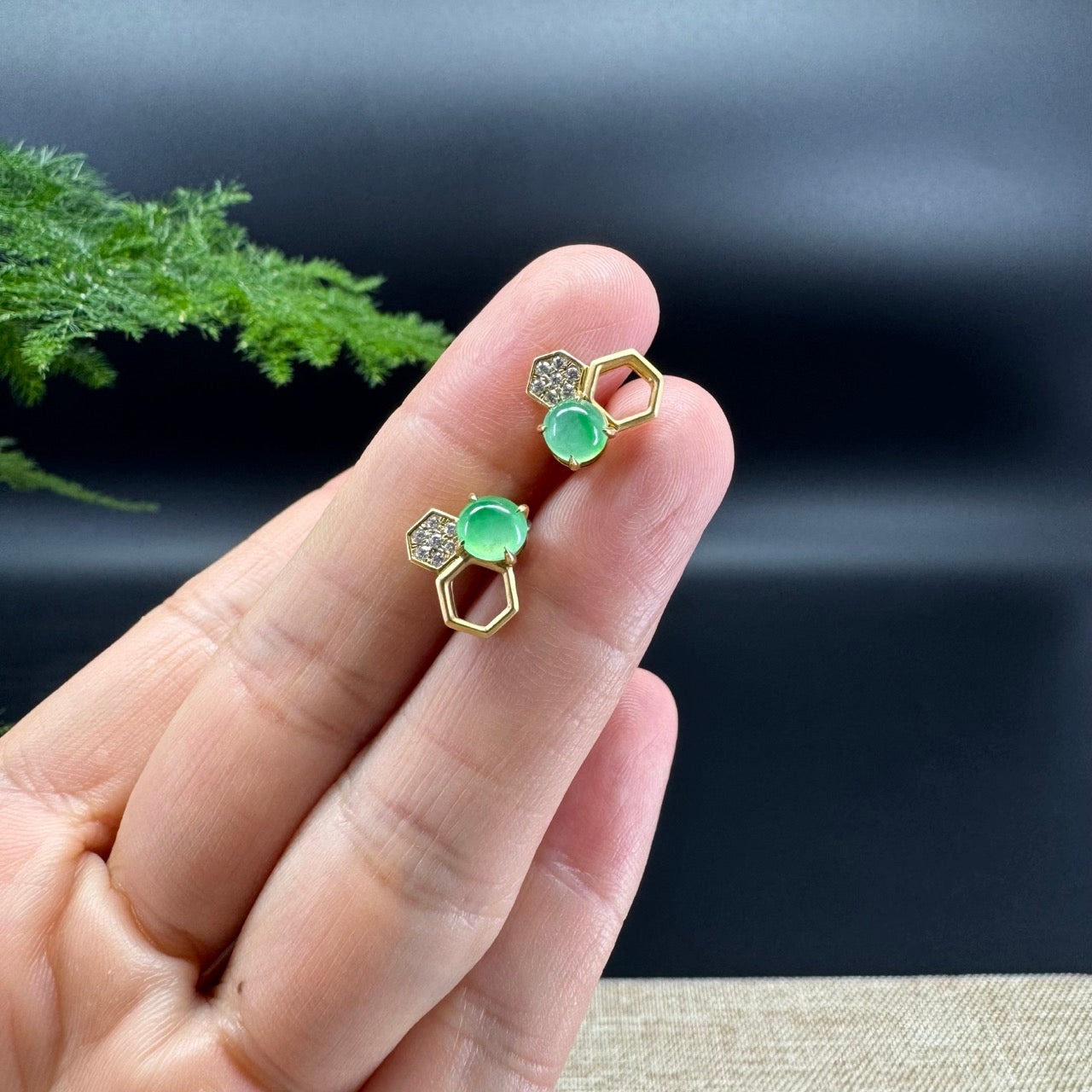"Honey Hive"18k Yellow Gold Green Jadeite Jade Earrings with Diamonds