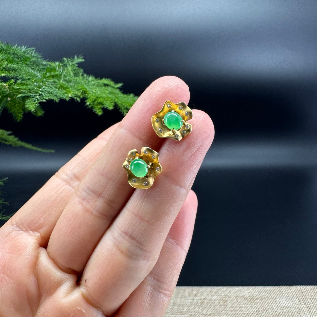 18k Yellow Gold Green Jadeite Jade 'Lotus Leaf' Earrings with Diamonds