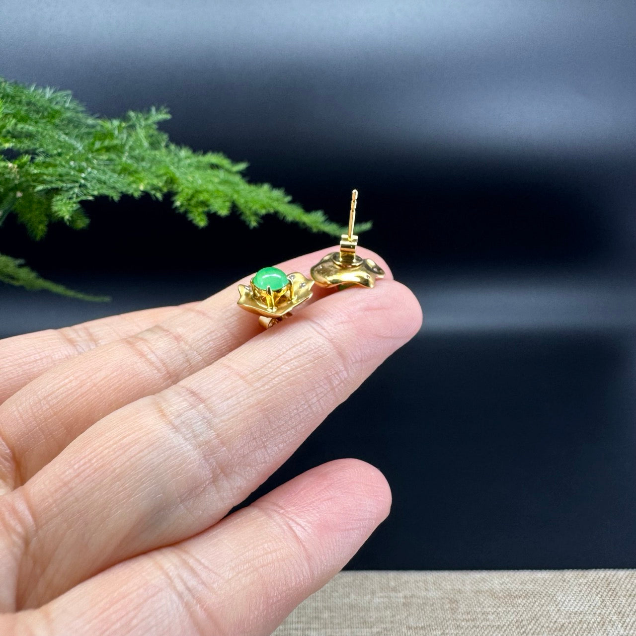 18k Yellow Gold Green Jadeite Jade 'Lotus Leaf' Earrings with Diamonds