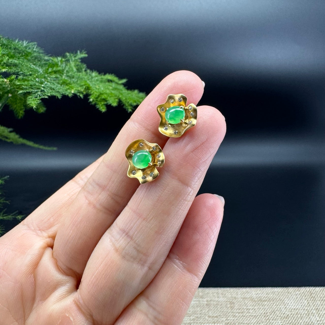 18k Yellow Gold Green Jadeite Jade 'Lotus Leaf' Earrings with Diamonds