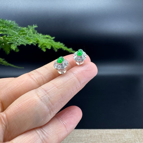 RealJade® 18k White Gold Imperial Green Jade Hulu Earrings with Diamonds
