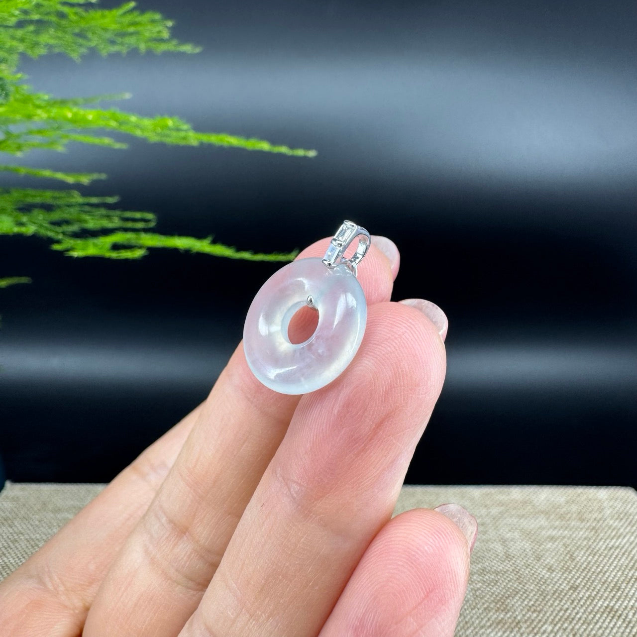 "Good Luck Button" Icy Jadeite Jade Lucky KouKou Pendant With 18K White Gold Bail