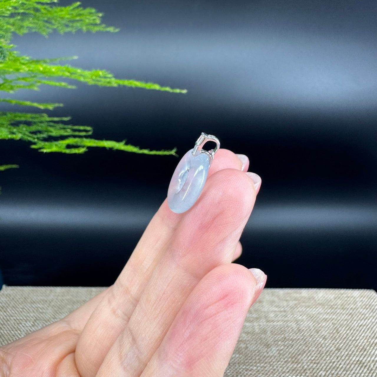 "Good Luck Button" Icy Jadeite Jade Lucky KouKou Pendant With 18K White Gold Bail